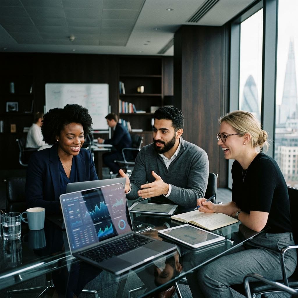 Trading-Team bei der Datenanalyse im Büro